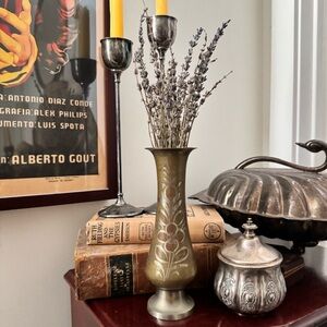 Vintage brass bud vase with flowers and pewter accents